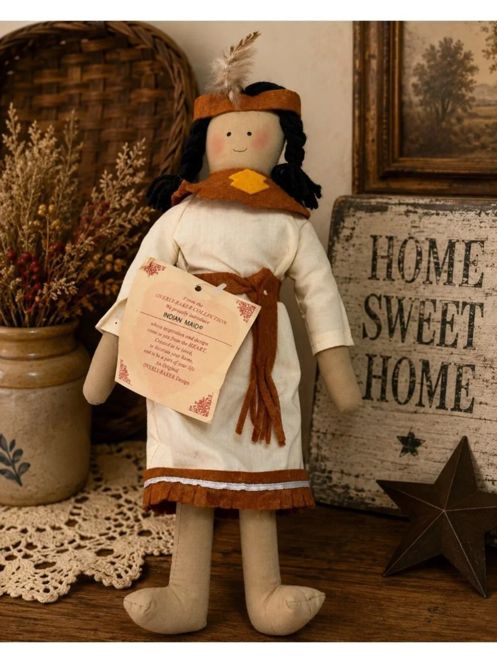 Vintage Overly-Raker Indian Maid Cloth Doll Primitive Folk Art Decor Original Ta